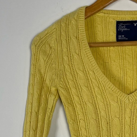 Vintage‎ Y2K American Eagle Sweater Women XSmall Cable Knit V Neck Slim Longline - Picture 4 of 10